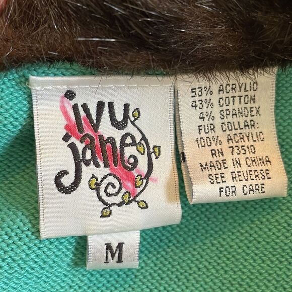 Ivy Jane light green acrylic/cotton/spandex cardigan/brown faux fur collar - Picture 7 of 8